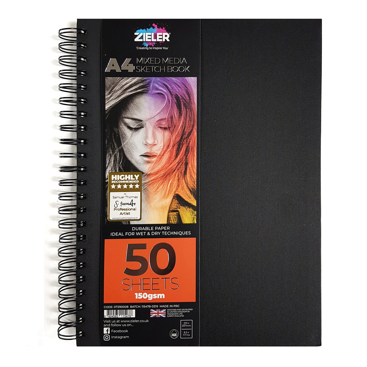 Zieler® A4 Spiral Bound Hardback Mixed Media Sketchbook (Portrait), 150gsm, 50 sheets